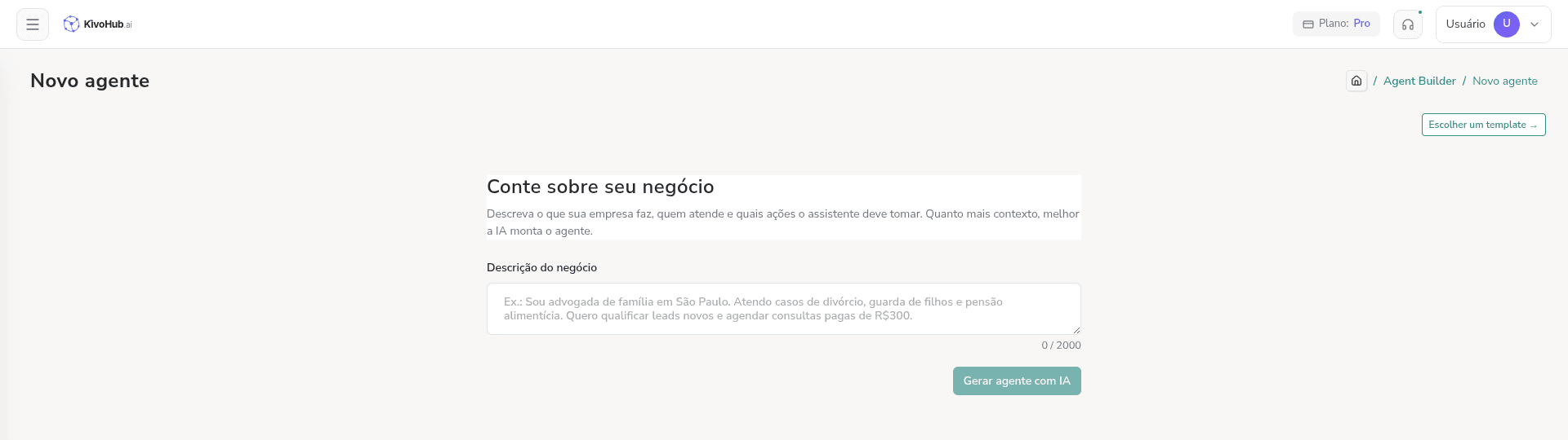 Tela do Agent Builder do KivoHub: campo para descrever o negócio e botão Gerar agente com IA