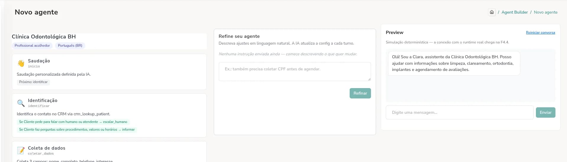 Construtor de agente de IA da KivoHub: fluxo de atendimento, refino por linguagem natural e preview ao vivo